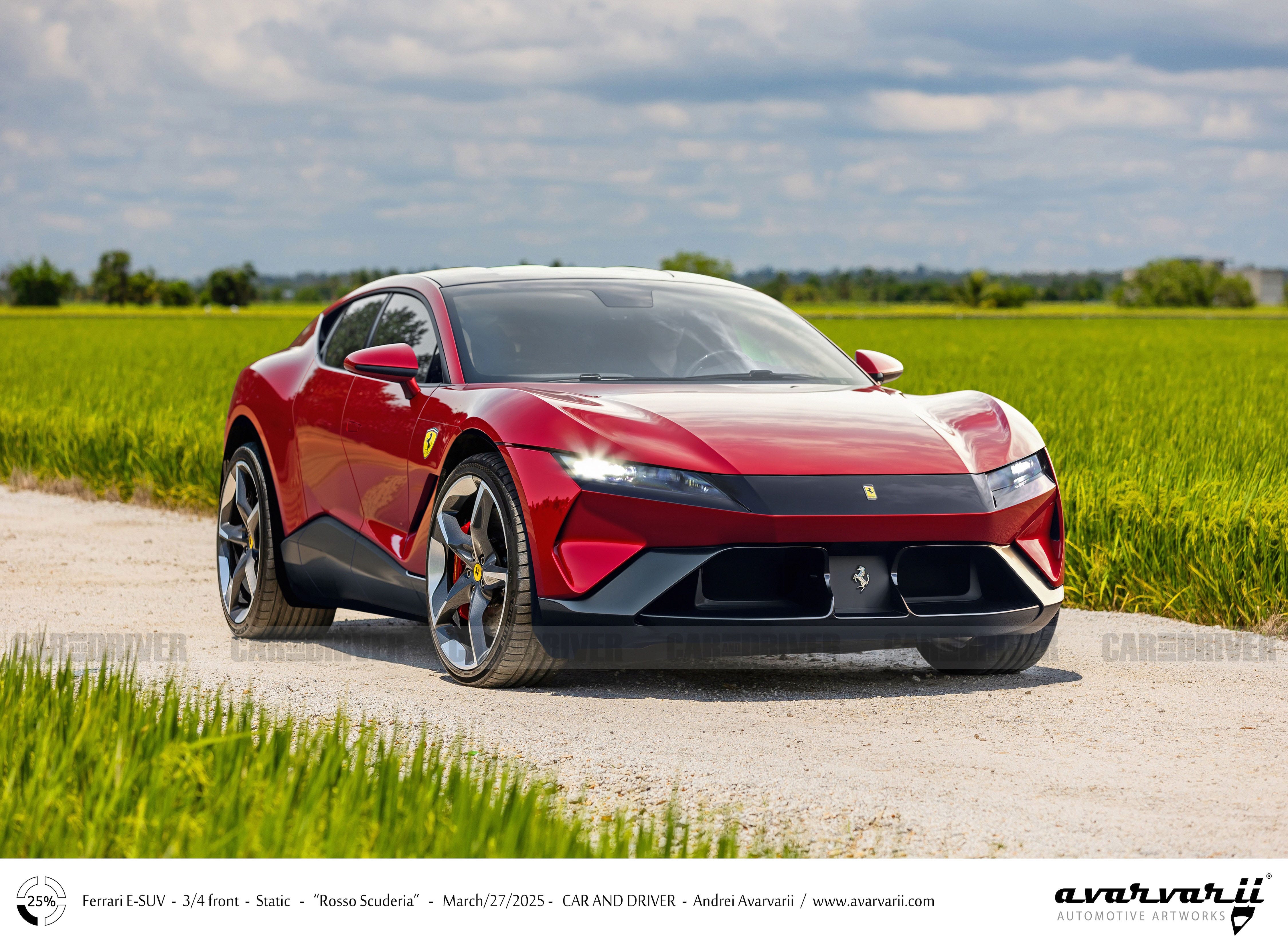 Une Ferrari Luce rouge, voiture de sport électrique futuriste, garée sur un fond blanc immaculé.