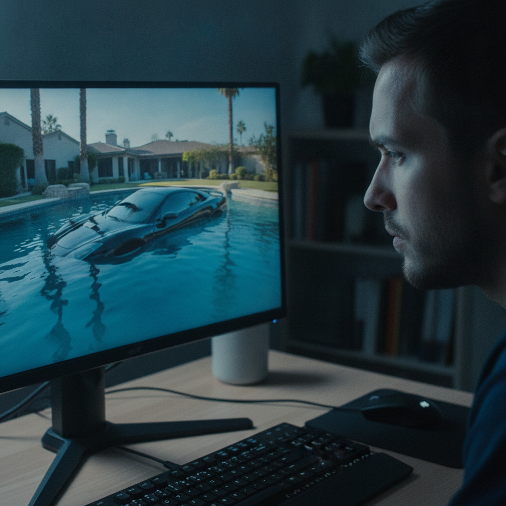 Une personne concentrée devant un ordinateur, analysant une vidéo de voiture dans une piscine.