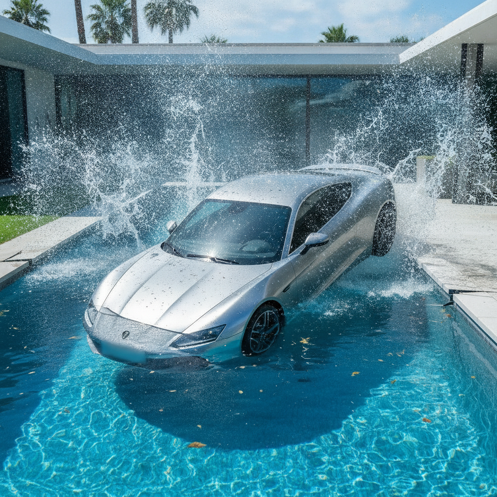 Une voiture de couleur sombre, à moitié submergée dans une piscine, avec des éclaboussures d'eau autour d'elle.