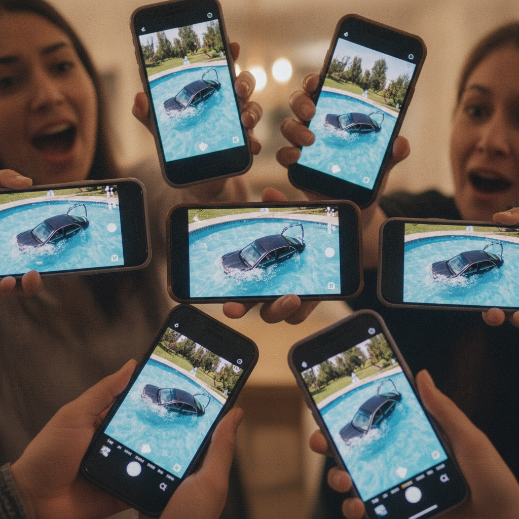 Plusieurs mains tenant des smartphones, tous affichant une vidéo d'une voiture dans une piscine, symbolisant le partage viral.