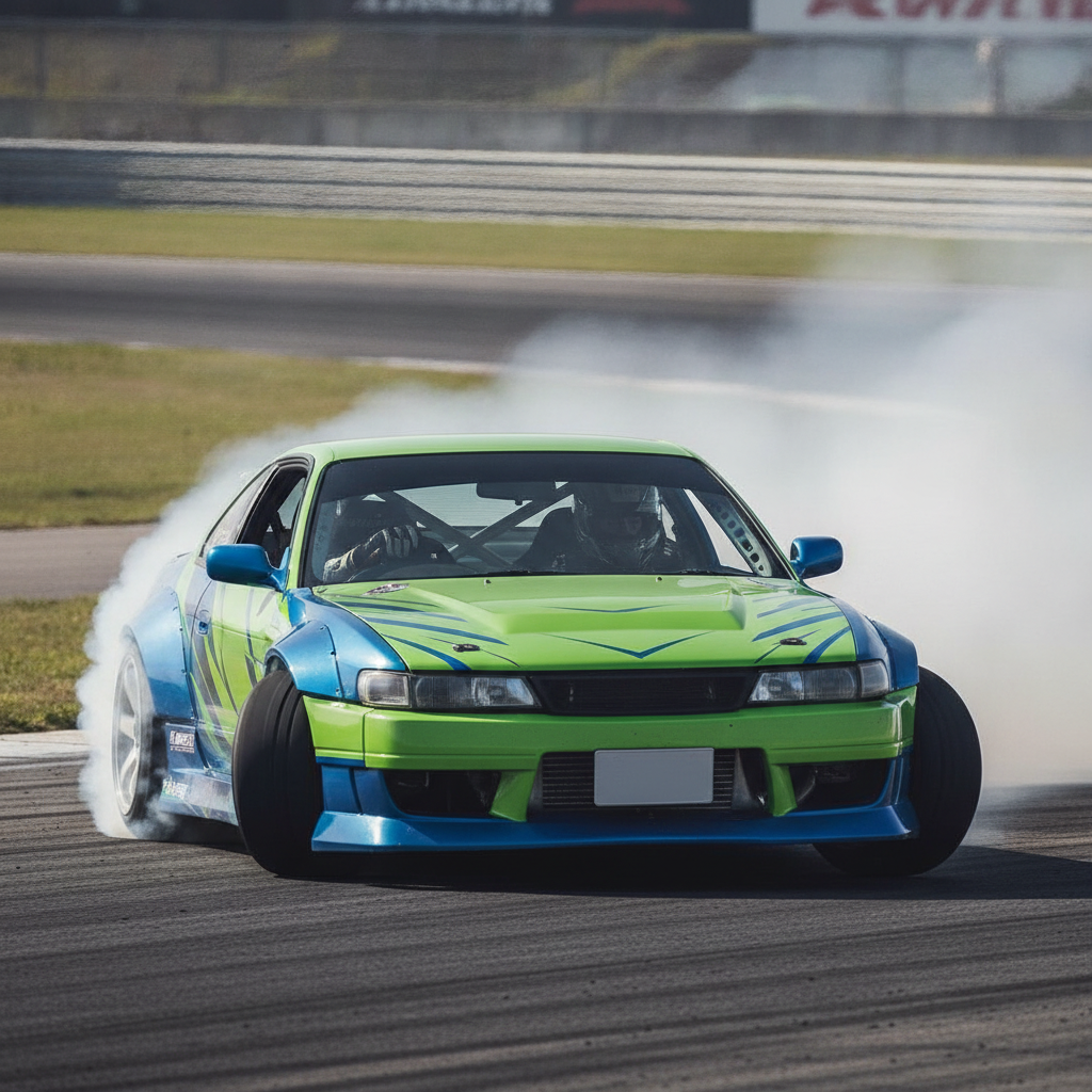 Vue dynamique d'une voiture de drift en pleine action, le pilote contre-braquant pour contrôler la glisse.
