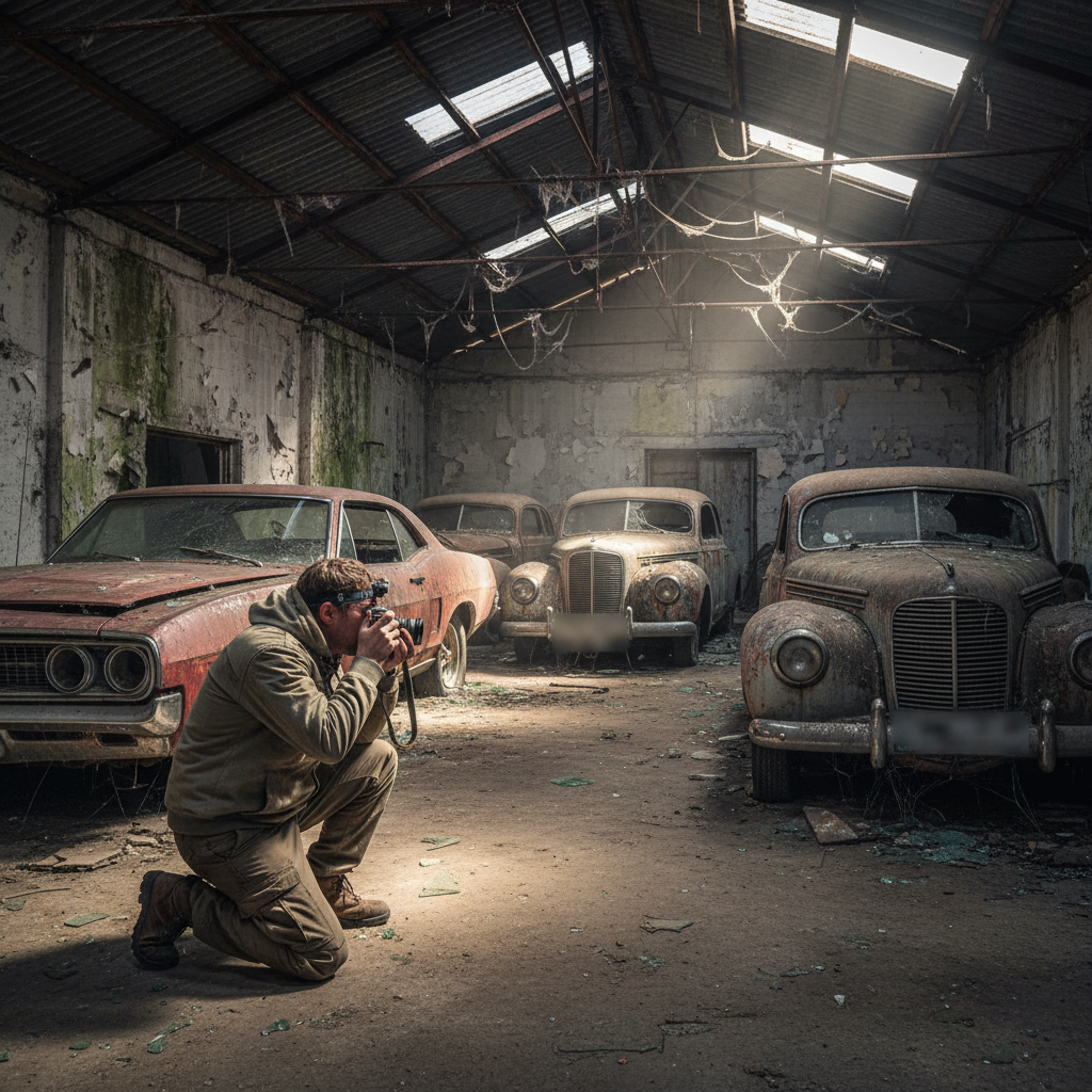 Un explorateur urbain (Urbexer) photographiant des voitures classiques abandonnées dans un garage en ruine, avec une lumière filtrant à travers le toit endommagé.