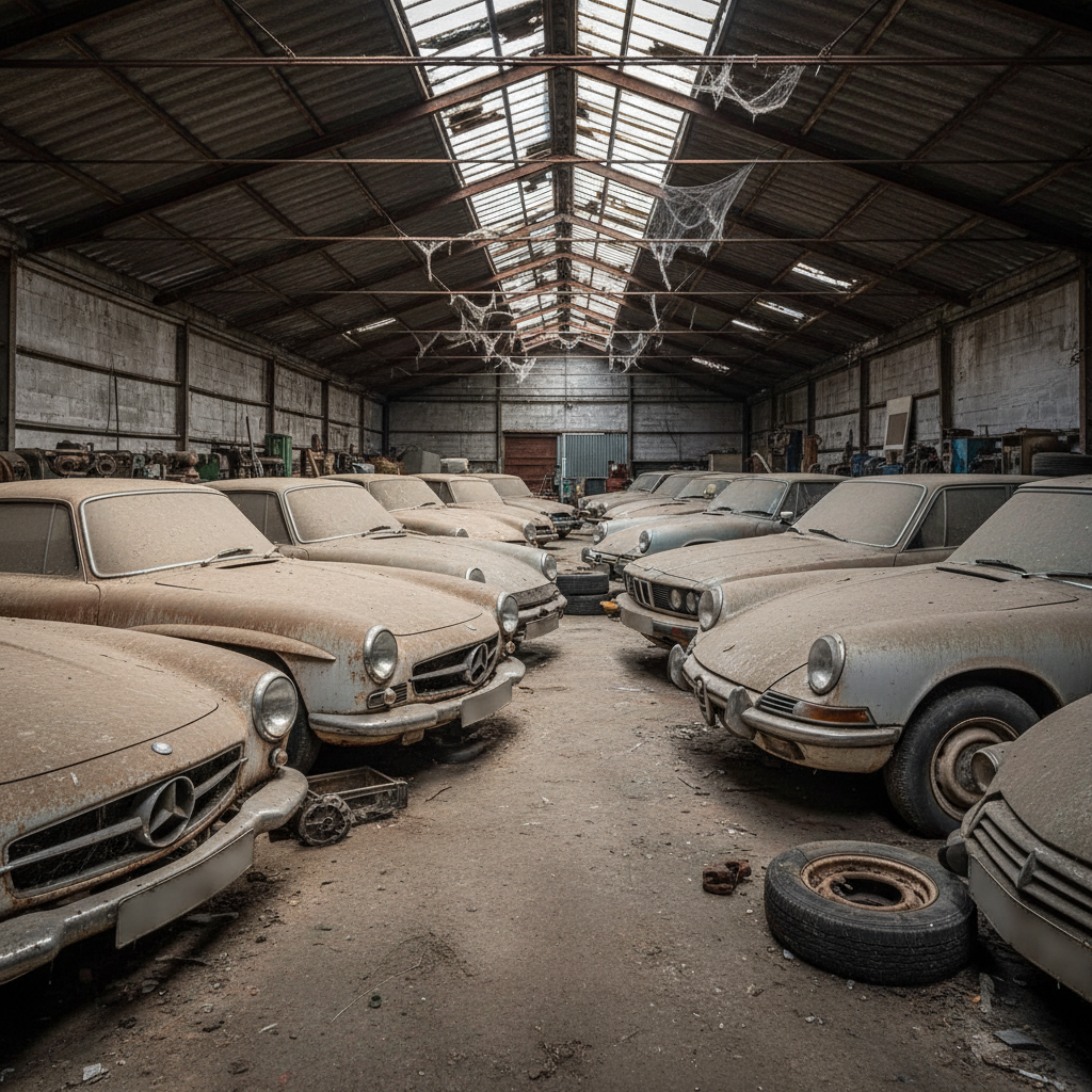 Vue intérieure d'un garage abandonné, le « Jetberg », rempli de voitures européennes classiques des années 1960 à 1980, couvertes de poussière et de rouille.