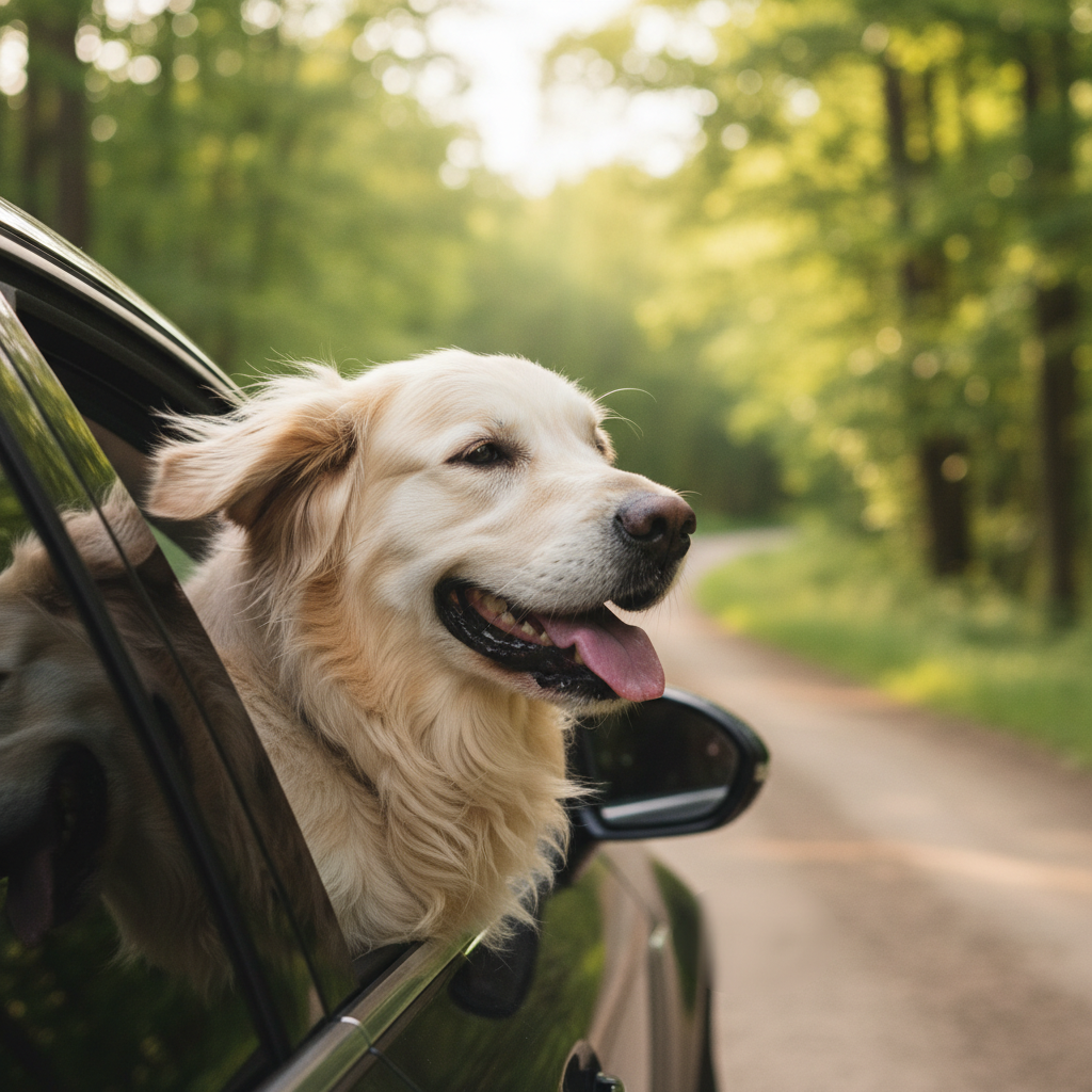 Un golden retriever souriant, la tête sortie d'une fenêtre de voiture, le vent dans ses poils.