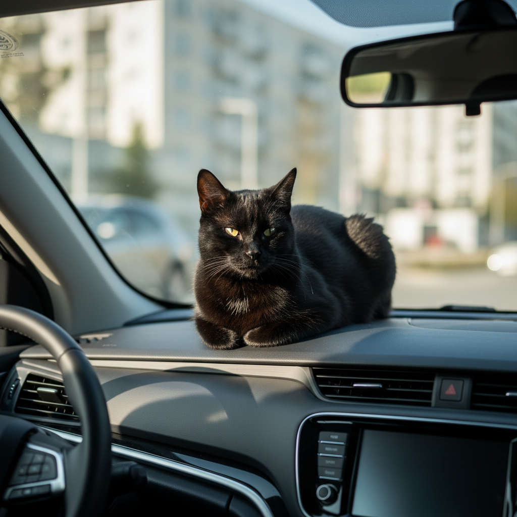 Un chat noir assis tranquillement sur le tableau de bord d'une voiture, regardant par le pare-brise.