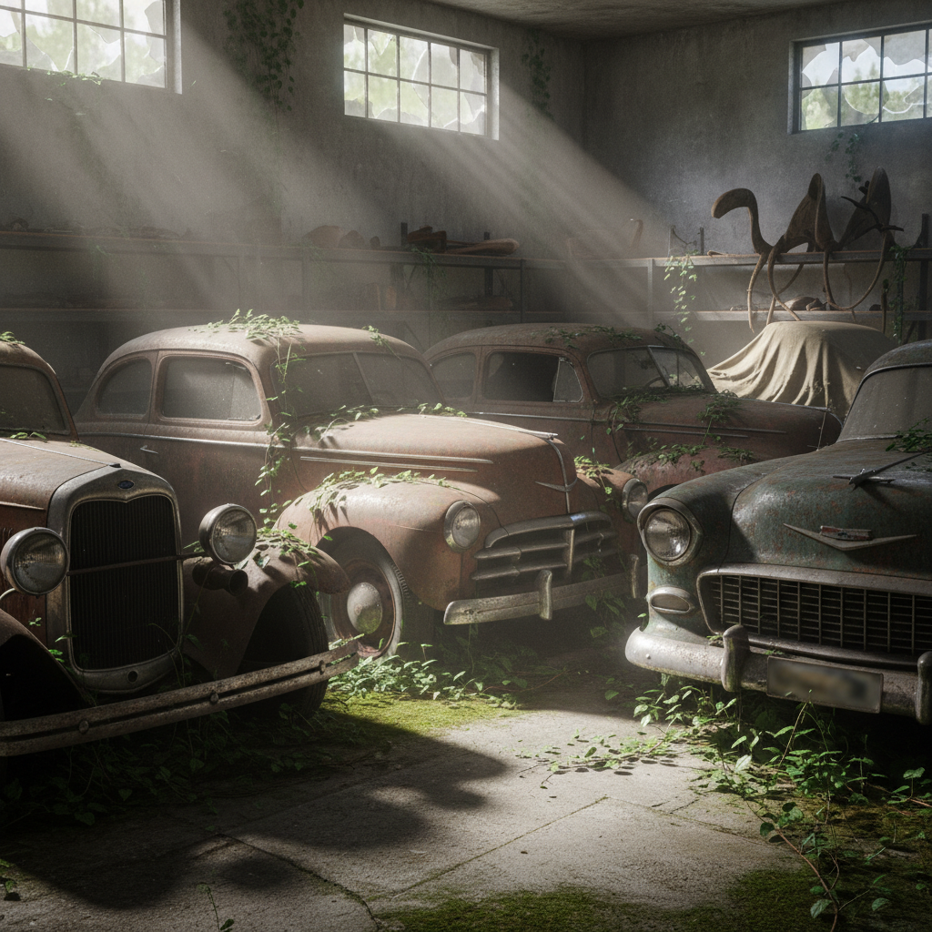 Image d'un garage abandonné avec des voitures anciennes recouvertes de poussière et de végétation.
