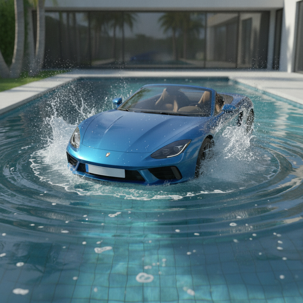 Une voiture à moitié immergée dans une piscine, avec des éclaboussures et des ondulations d'eau réalistes.