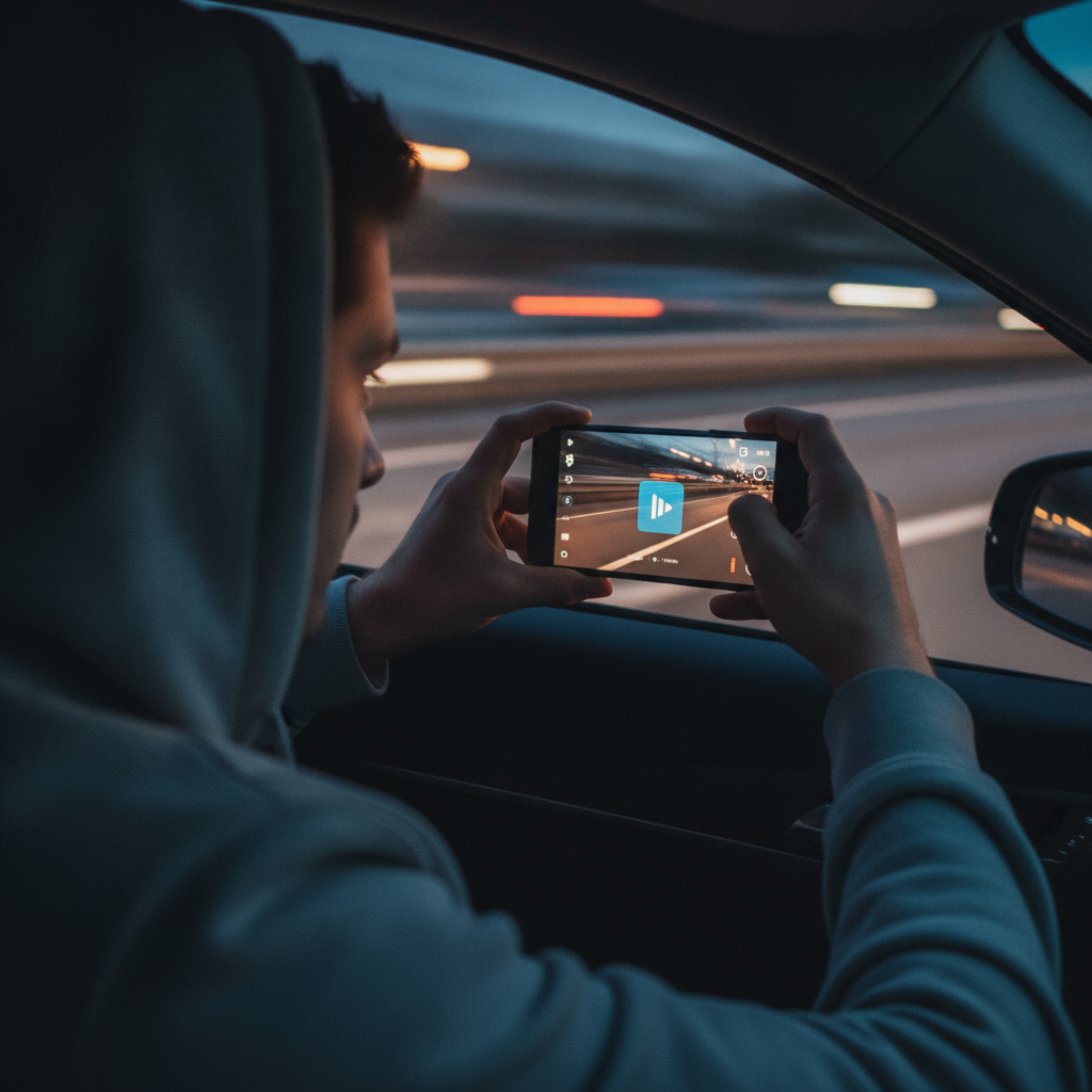 Une personne filme une tendance TikTok dangereuse depuis l'intérieur d'une voiture avec son smartphone.