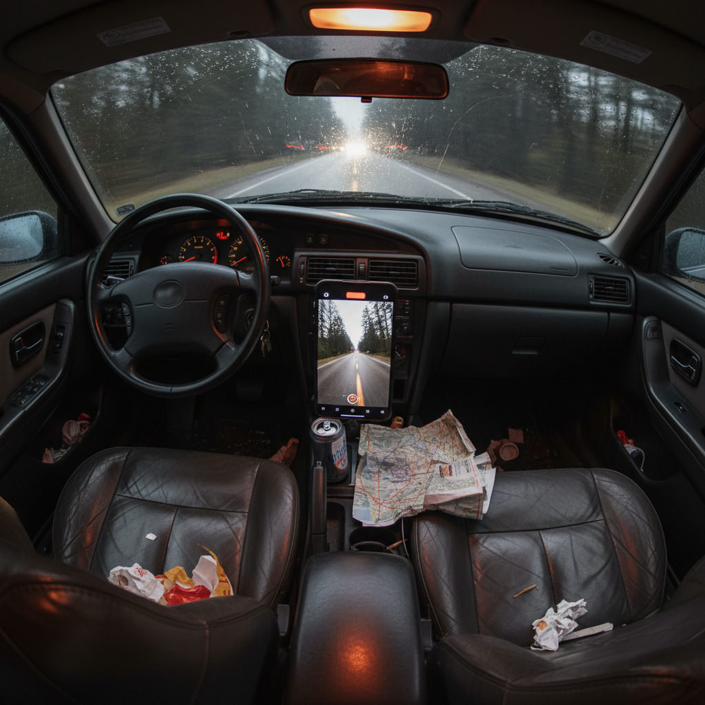 Intérieur de voiture avec le siège conducteur vide, un téléphone portable sur le tableau de bord en train d'enregistrer, et la route floue à travers le pare-brise.