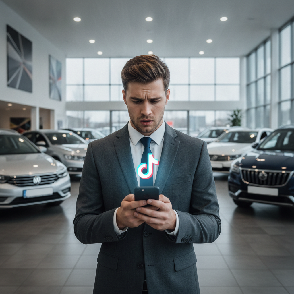 Un jeune vendeur de voitures en costume regarde son téléphone avec une expression inquiète, le logo TikTok visible sur l'écran, dans un showroom automobile.