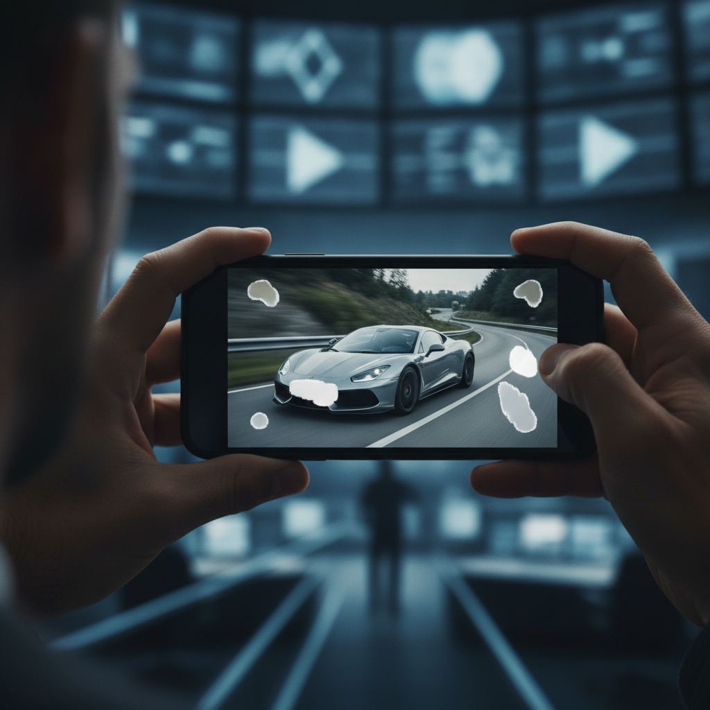 Des mains tenant un smartphone affichant une vidéo de voiture, symbolisant la vérification de contenu.