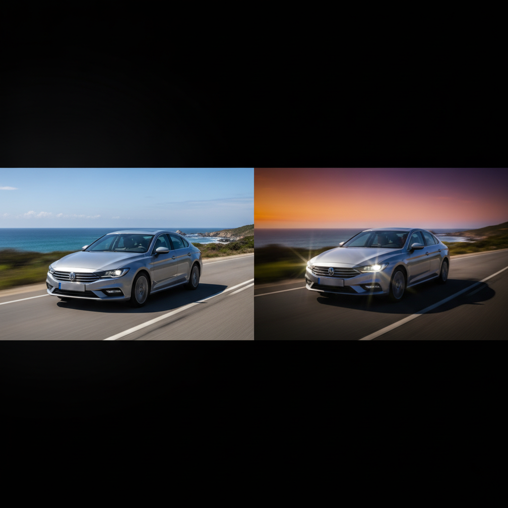 Image divisée montrant une vidéo de voiture brute et une version éditée de manière trompeuse.