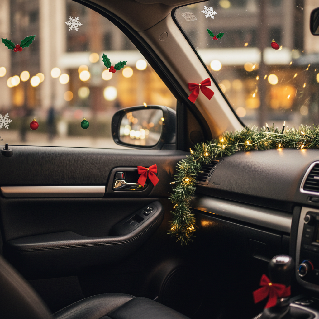 Intérieur de voiture décoré avec des autocollants repositionnables, des nœuds et des guirlandes douces pour les fêtes de fin d'année.