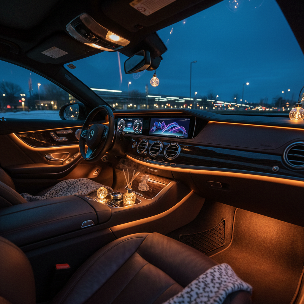 Intérieur de voiture illuminé par des bandes lumineuses à batterie et de petites lampes décoratives, créant une atmosphère festive.