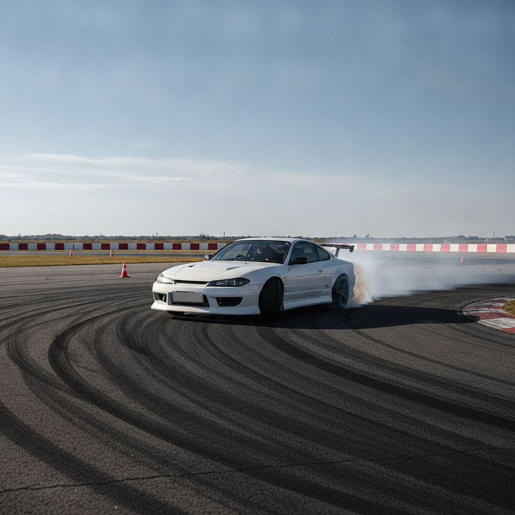 Une voiture de sport modifiée pour le drift, glissant de côté sur une piste d'asphalte avec de la fumée s'échappant des pneus arrière, entourée de barrières de sécurité.