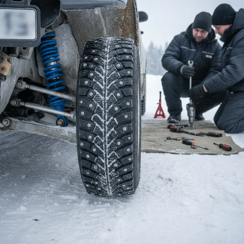 Gros plan sur un pneu clouté d'une voiture de rallye en cours de préparation pour la glissade sur glace.