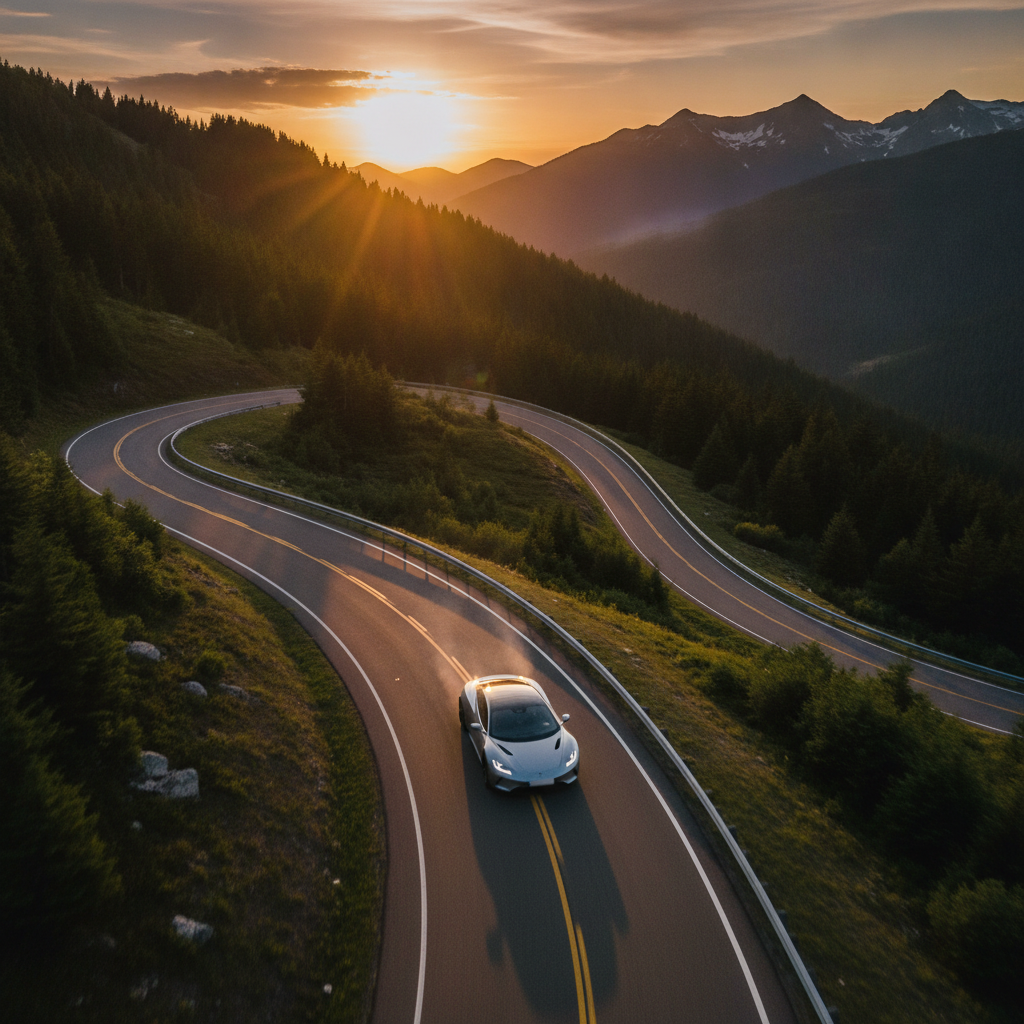 Vue aérienne d'une voiture roulant sur une route sinueuse et pittoresque.