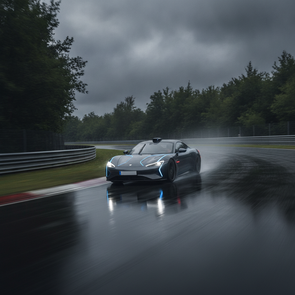 Une voiture autonome de haute performance sur la Nordschleife du Nürburgring, naviguant sur une piste mouillée avec des capteurs visibles, sous un ciel couvert.