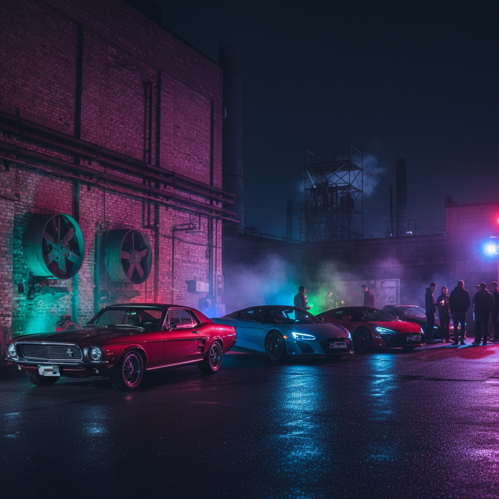 Des voitures de sport et de collection exposées lors d'un rassemblement nocturne, éclairées par des lumières colorées dans un cadre industriel.
