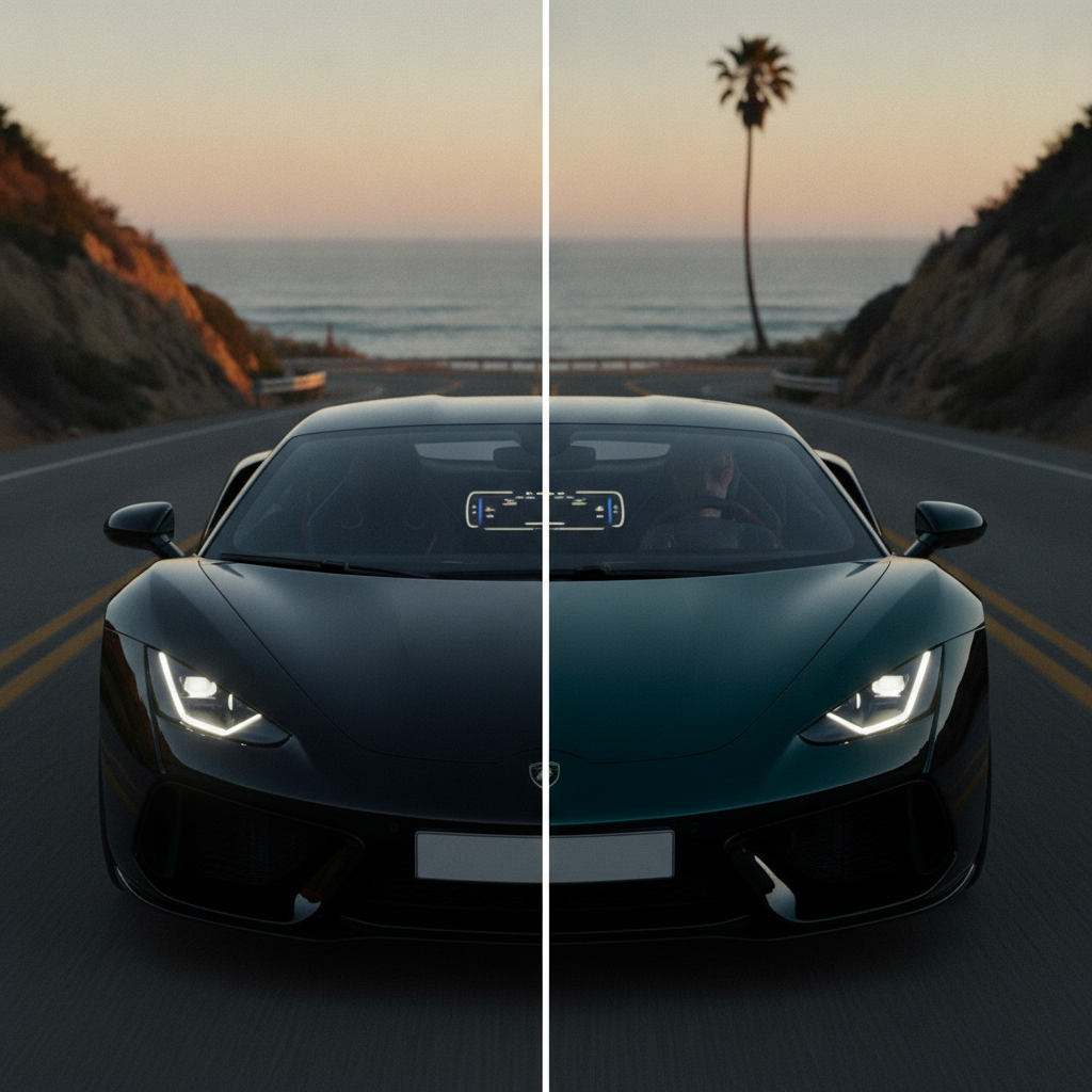 Image divisée montrant une vidéo de voiture réelle et une version deepfake manipulée, illustrant la difficulté à distinguer le vrai du faux.