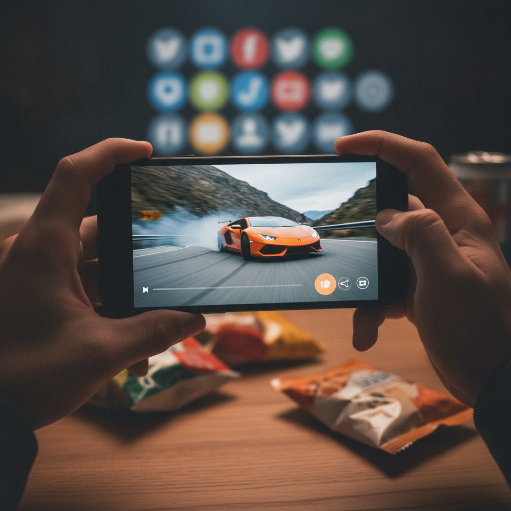 Mains tenant un smartphone affichant une vidéo virale de voiture, symbolisant la consommation rapide de contenu automobile sur les réseaux sociaux.