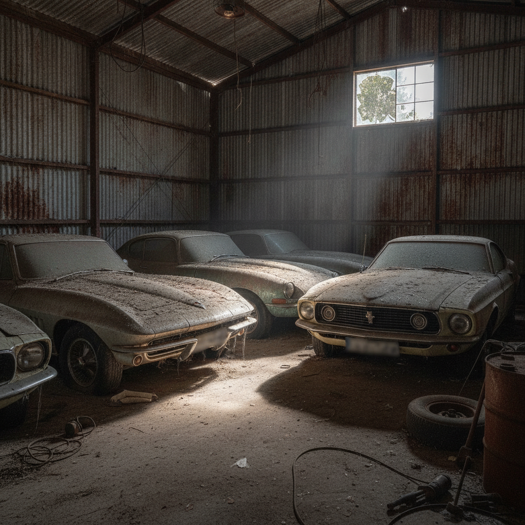Vue intérieure d'un garage abandonné avec plusieurs voitures anciennes recouvertes de poussière, des outils dispersés et une lumière tamisée.