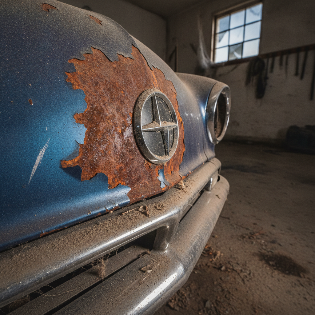 Gros plan sur une partie rouillée et poussiéreuse d'une carrosserie de voiture ancienne dans un garage abandonné.