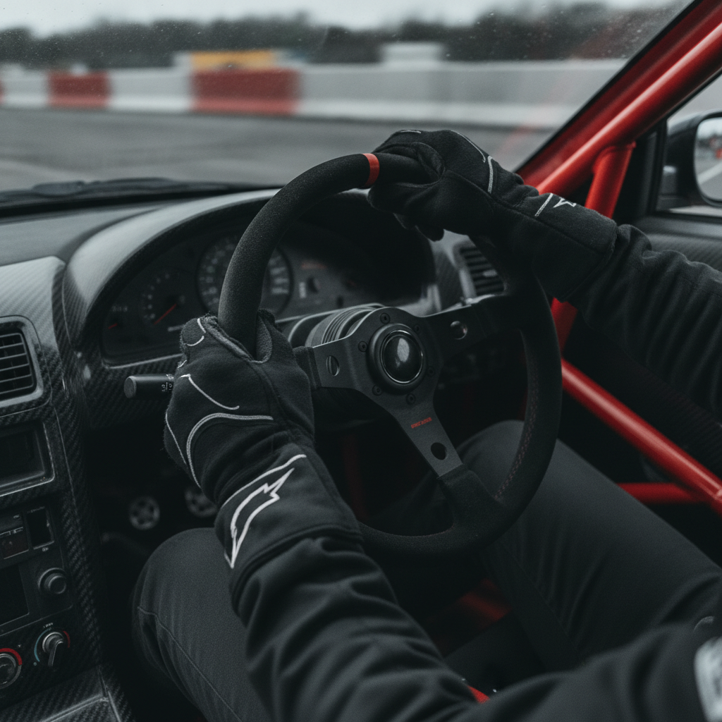 Gros plan sur les mains d'un pilote de course tenant un volant, en pleine action de contre-braquage pendant un drift.
