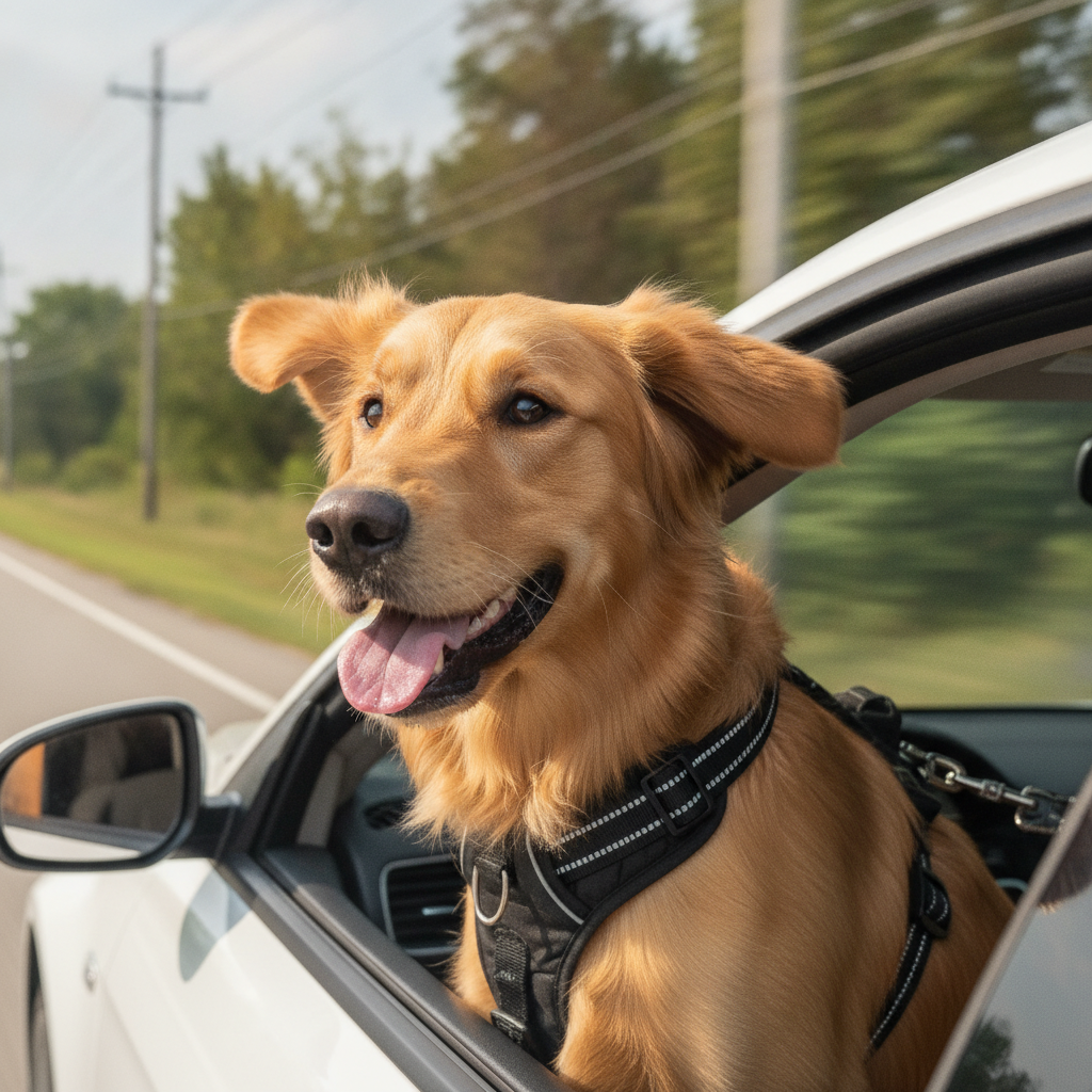Un chien heureux avec la tête sortie d'une fenêtre de voiture, le vent soufflant dans ses poils.