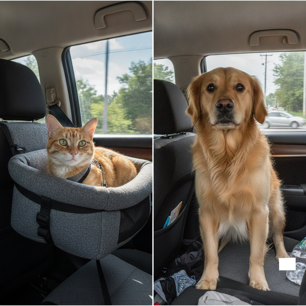 Image divisée montrant un chat en sécurité dans un siège auto et un chien stressé et non attaché dans une voiture en mouvement.