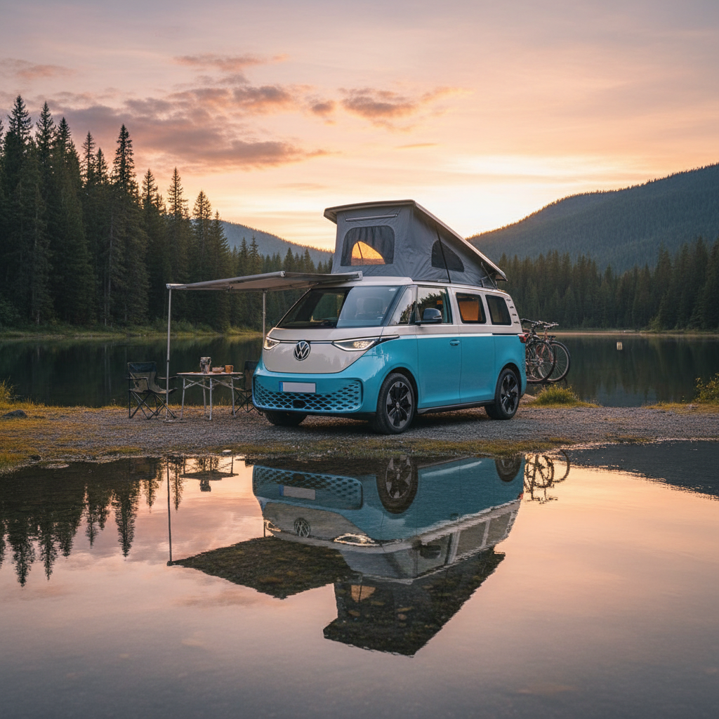 Un VW ID.Buzz camping-car Peace Vans garé au bord d'un lac au coucher du soleil, avec son design distinctif et son toit relevable.