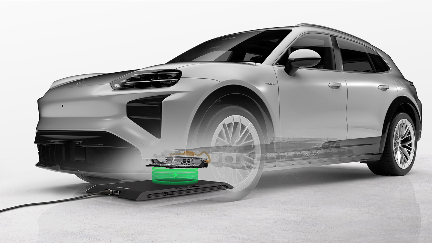 Un SUV électrique futuriste de 2026 branché à une borne de recharge rapide, avec des lumières LED et un design aérodynamique.
