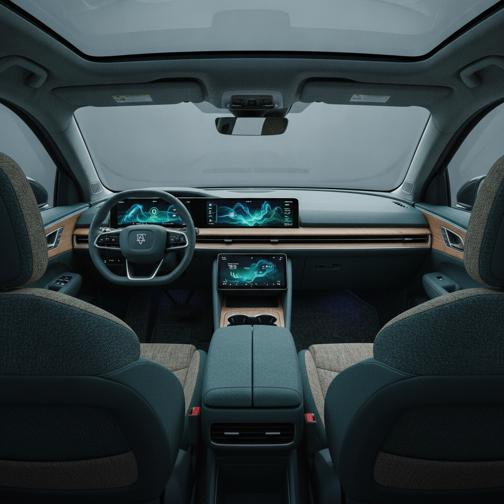 Vue intérieure d'un SUV électrique de 2026 avec un tableau de bord numérique, des sièges confortables et des finitions en matériaux recyclés.