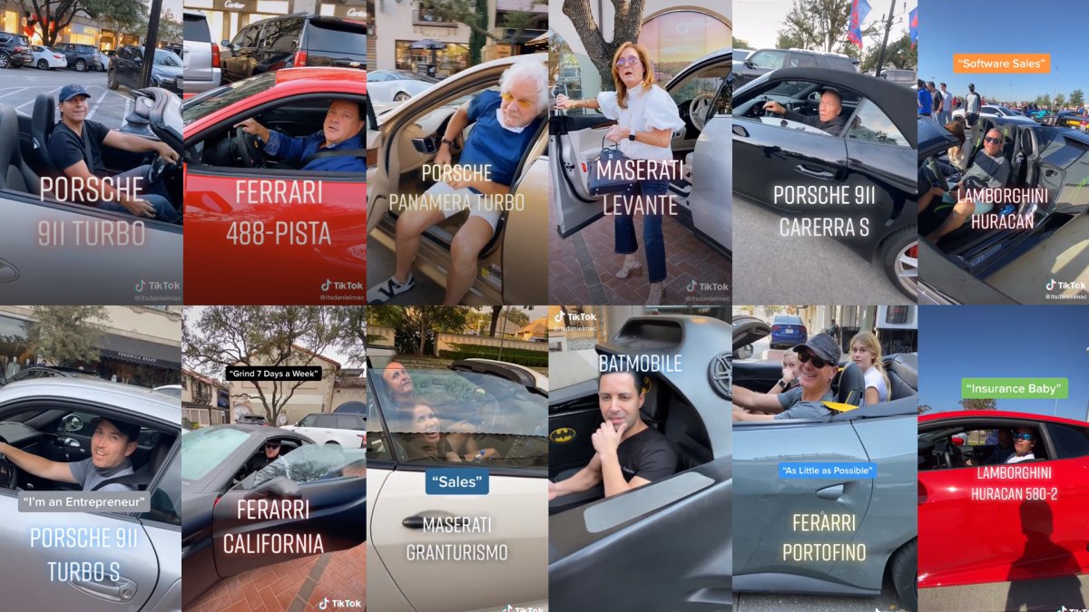 Un écran de smartphone affichant une vidéo TikTok d'une supercar rouge en mouvement, avec des effets visuels dynamiques.