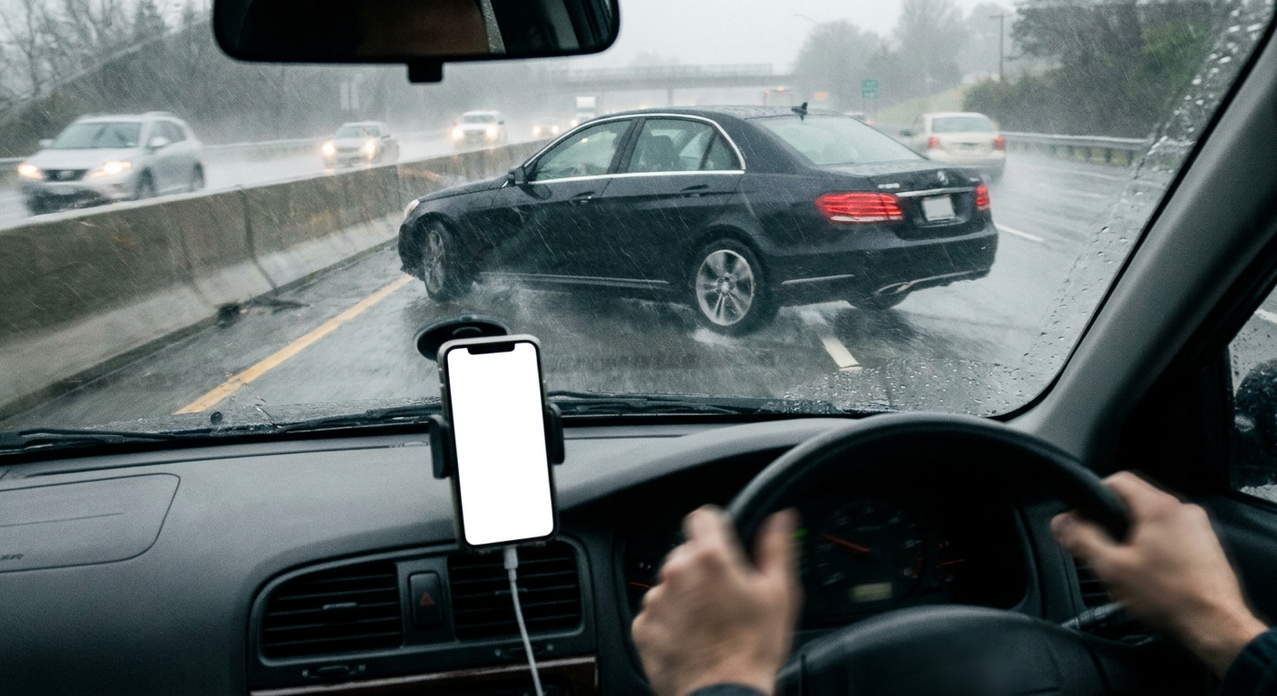 Une voiture effectuant un dérapage dangereux sur une route mouillée, avec un téléphone portable filmant l'action depuis l'intérieur, illustrant les risques des défis TikTok au volant.
