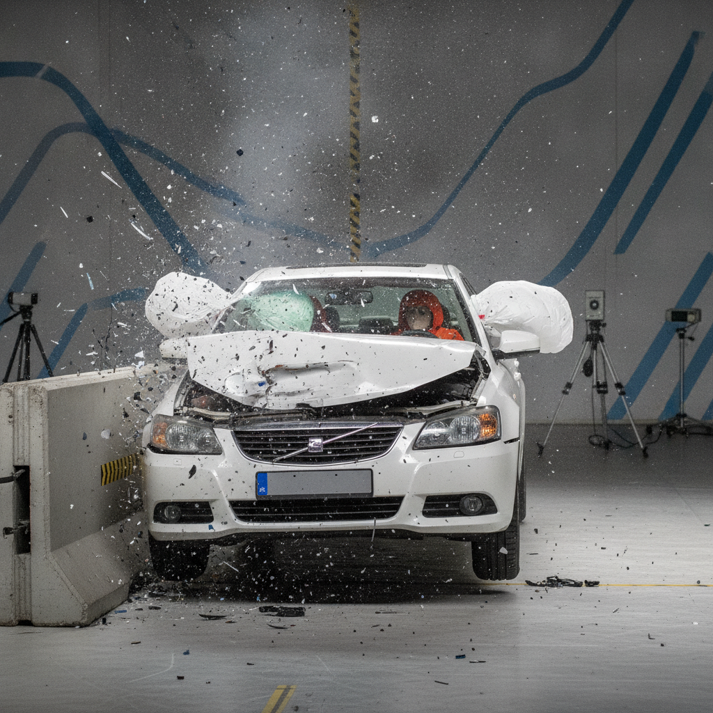 Une voiture en plein crash-test, avec des débris et des airbags déployés.