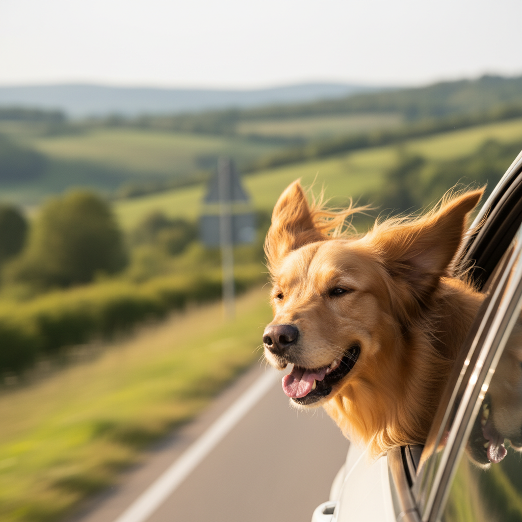 Un golden retriever heureux, la tête sortie de la fenêtre d'une voiture en mouvement, les oreilles au vent.