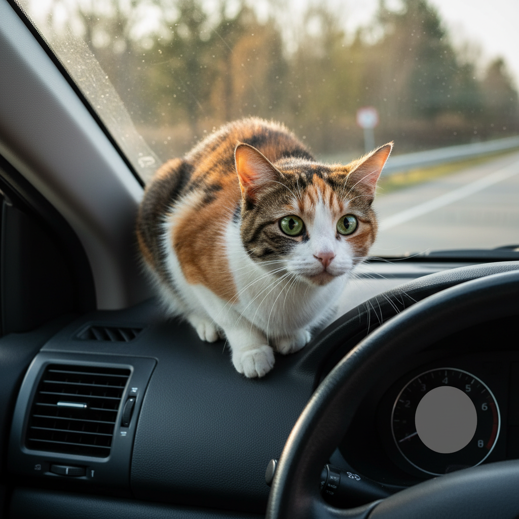 Un chat effrayé sur le tableau de bord d'une voiture, les yeux écarquillés et les oreilles aplaties.