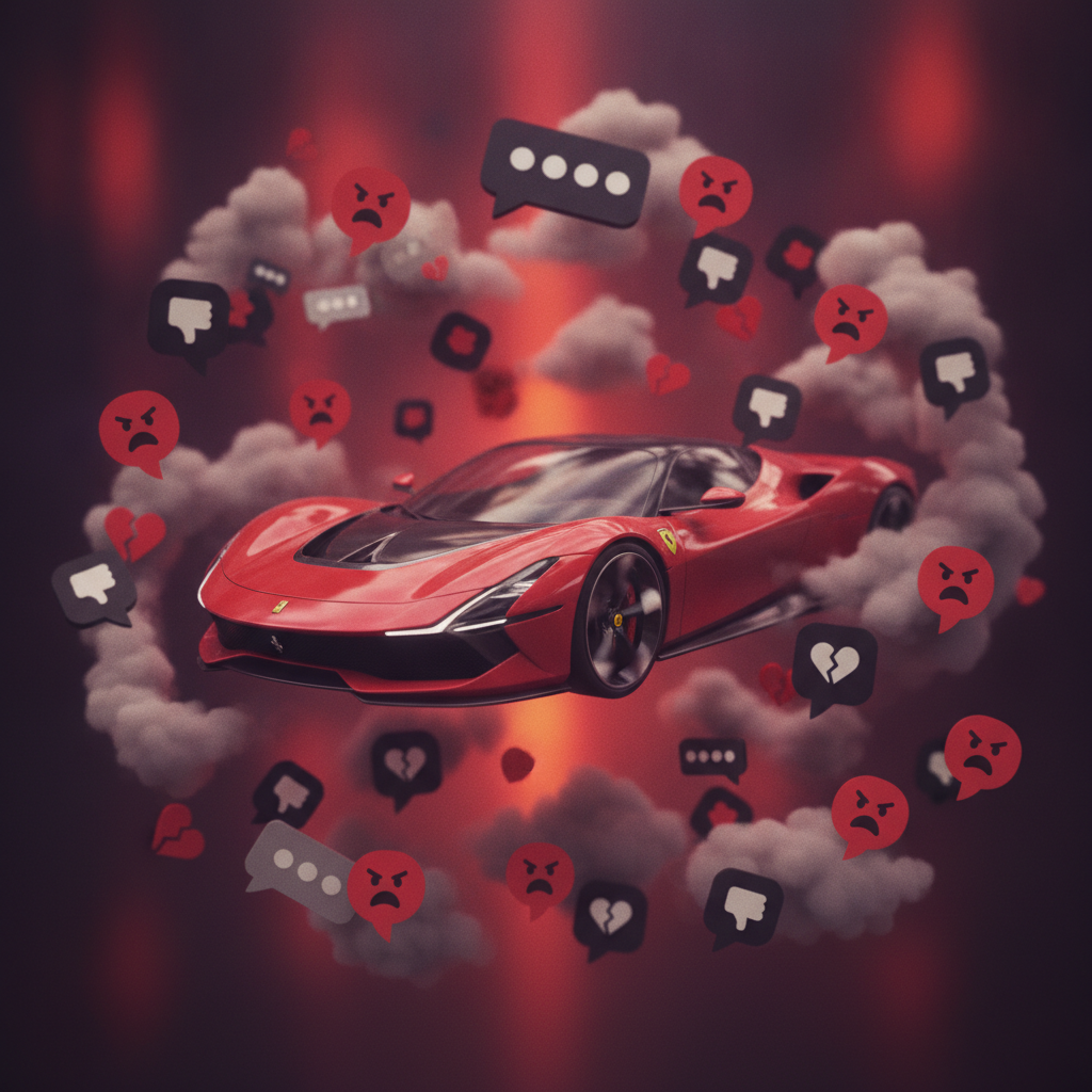 Représentation stylisée de commentaires et d'émojis négatifs sur les réseaux sociaux entourant une image floue de la Ferrari Luce.