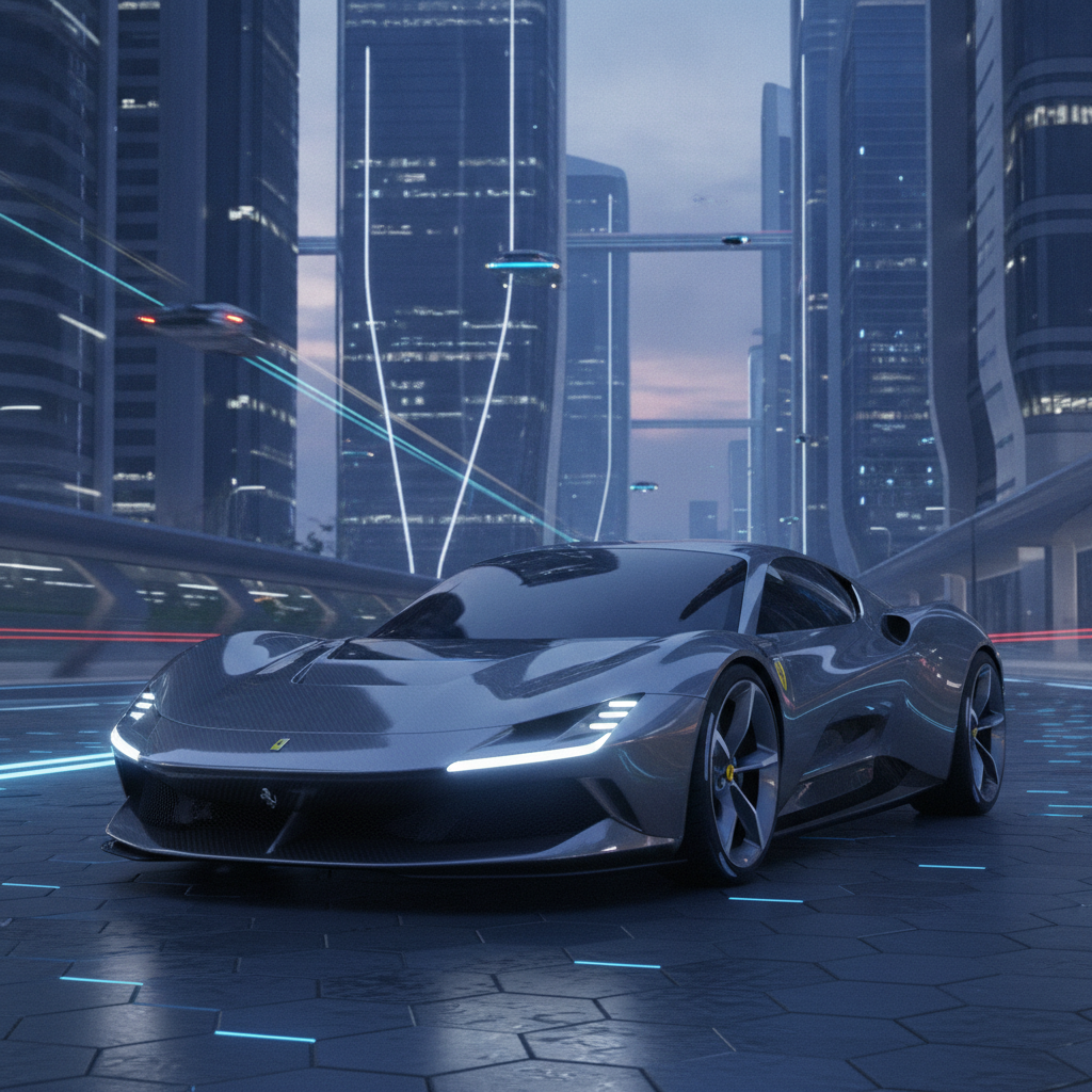 Vue de face d'une Ferrari Luce électrique, de couleur rouge, garée dans une rue de ville moderne au crépuscule.