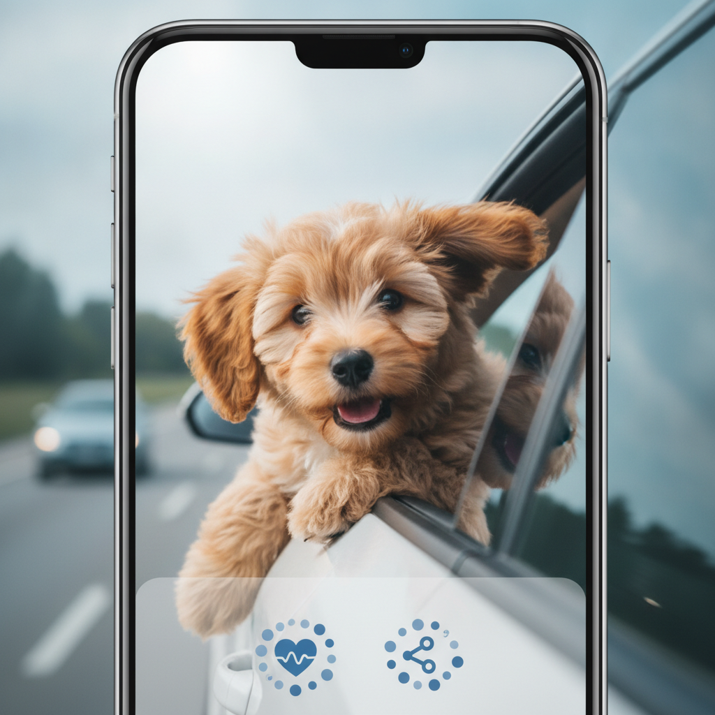 Un smartphone affichant une vidéo virale d'un chien souriant, la tête sortie d'une fenêtre de voiture, avec des icônes de likes et de partages.