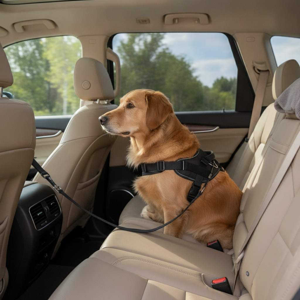 Un chien de taille moyenne attaché avec un harnais de sécurité sur la banquette arrière d'une voiture, regardant par la fenêtre.