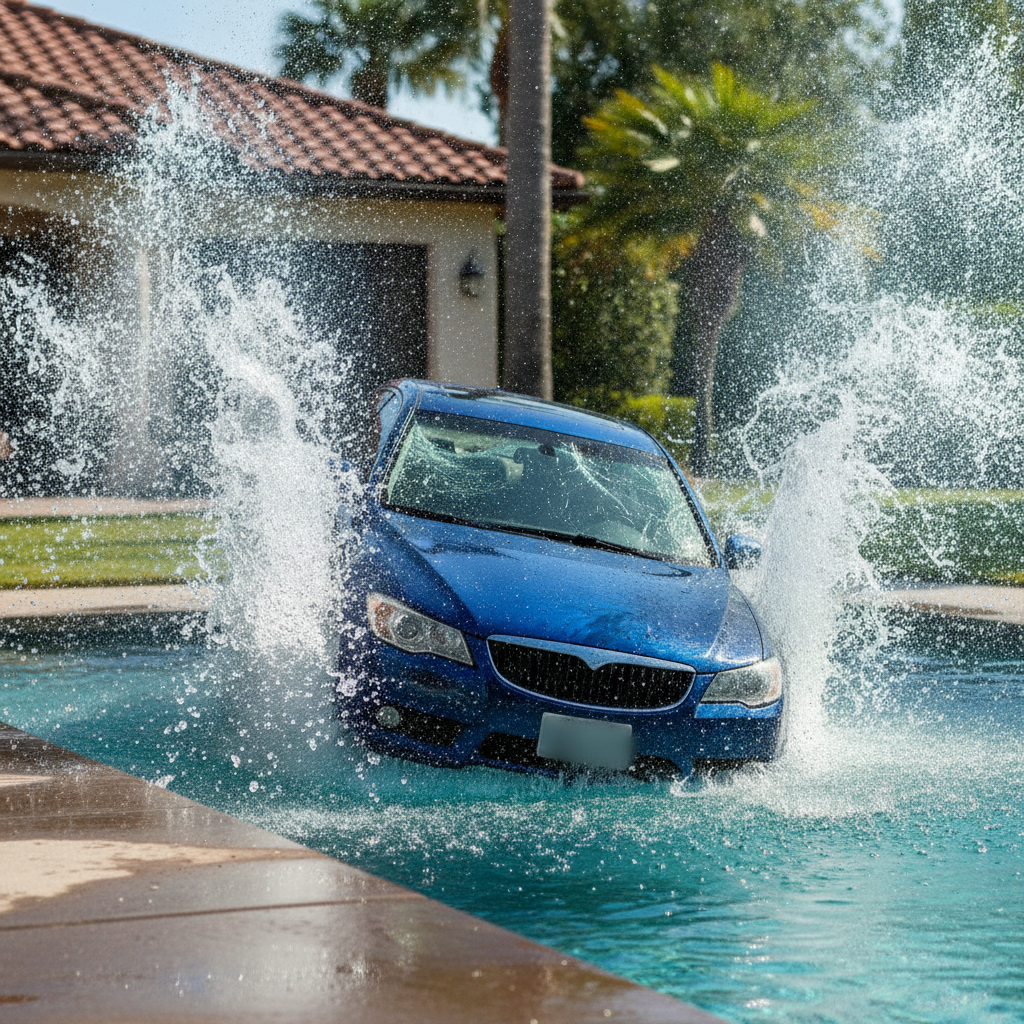 Une voiture bleue plongeant dans une piscine, créant une grande éclaboussure réaliste.