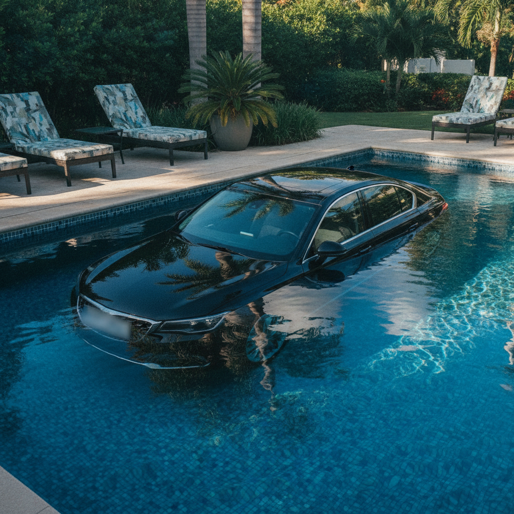 Une voiture partiellement immergée dans une piscine, avec des reflets précis sur la carrosserie et l'eau, et des ombres cohérentes.