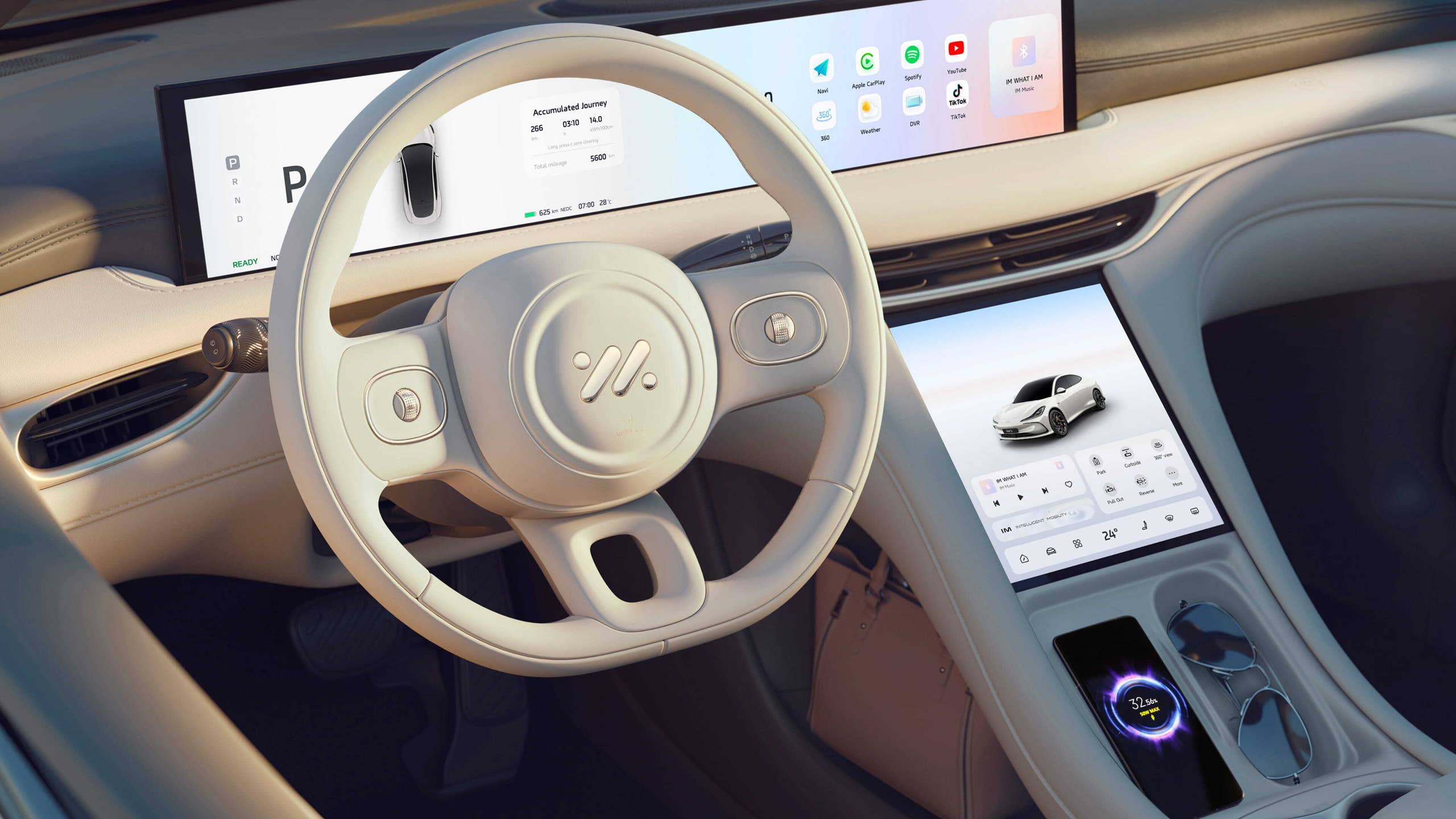 Vue de l'intérieur d'une voiture électrique futuriste avec un grand écran central et des commandes tactiles, illustrant l'intégration de l'IA.