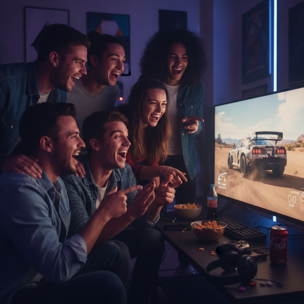 Un groupe de joueurs regardant un écran de jeu, discutant et réagissant à une scène de course de Forza Horizon 6.