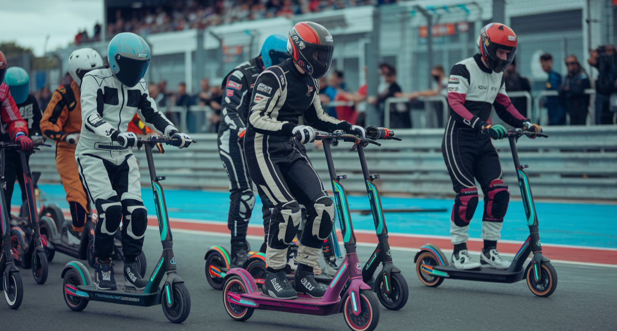 Une image vibrante de participants se préparant pour une course de scooters électriques, avec des individus en équipement de protection sur une grille de départ.