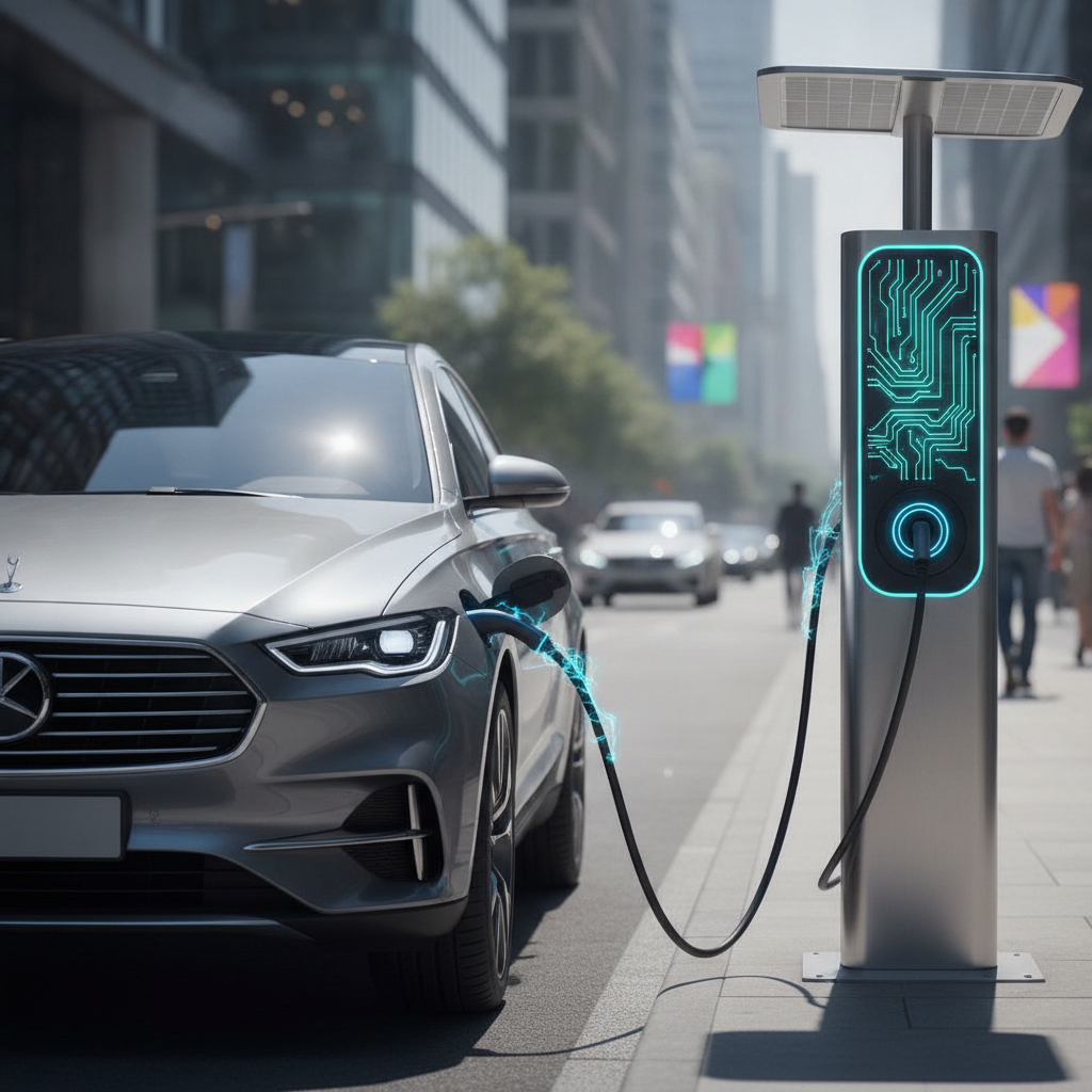 Une voiture hybride moderne branchée à une borne de recharge publique dans un environnement urbain en plein jour.