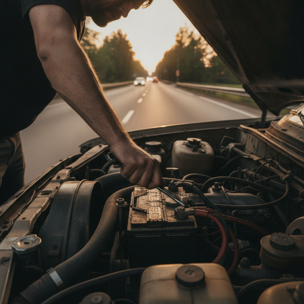 Une main s'apprête à toucher une batterie de voiture, avec un arrière-plan flou suggérant un mouvement inattendu du véhicule.