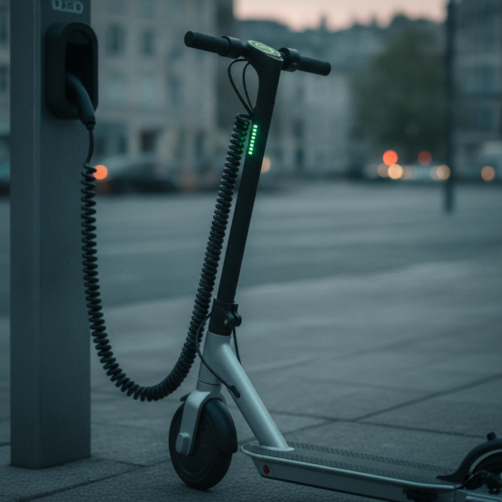 Gros plan d'un scooter électrique en train de charger à une borne de recharge urbaine.
